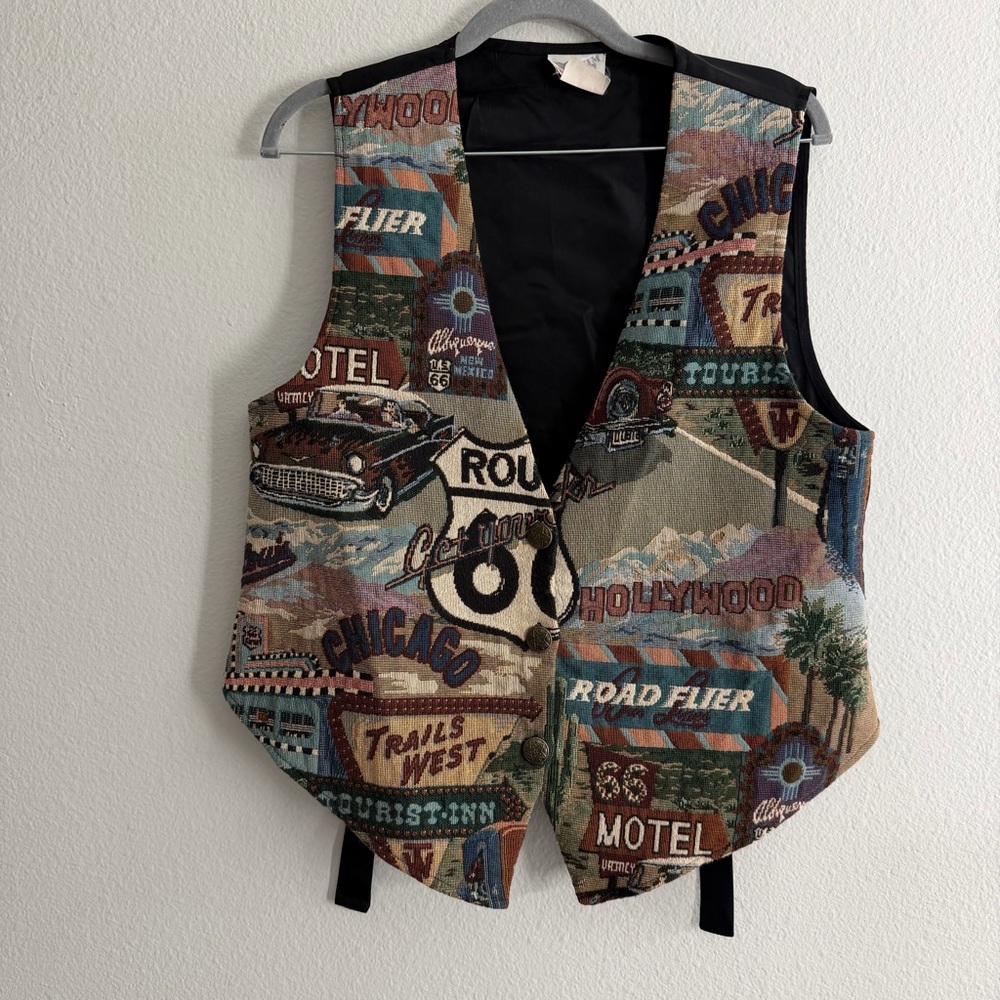 Vintage Denim Republic Route 66 USA Travel Graphic Tapestry Button Down Vest